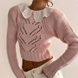 NEW For Love & Lemons Stacy Light Pink Peter Pan Eyelet Collar Sweater Size S